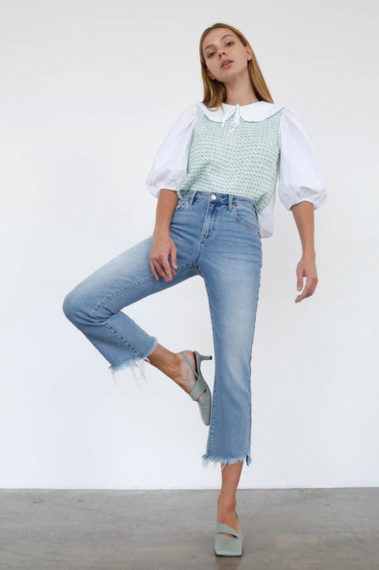 High Rise Crop Boot Cut Light Wash Denim Jeans