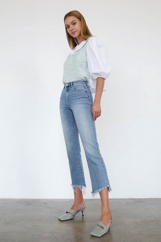 High Rise Crop Boot Cut Light Wash Denim Jeans