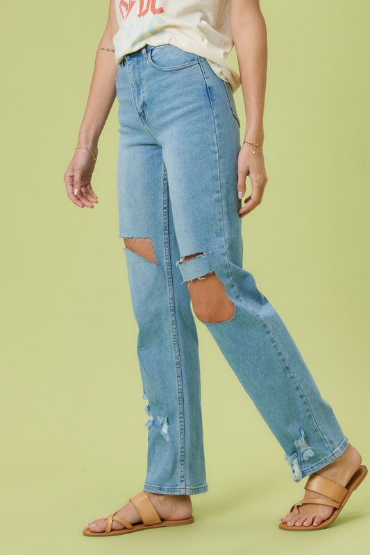 High Rise Regular Fit Distressed Wide Leg Jeans