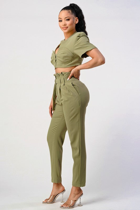 Half Sleeve Crop Top Ruffle Pant Set