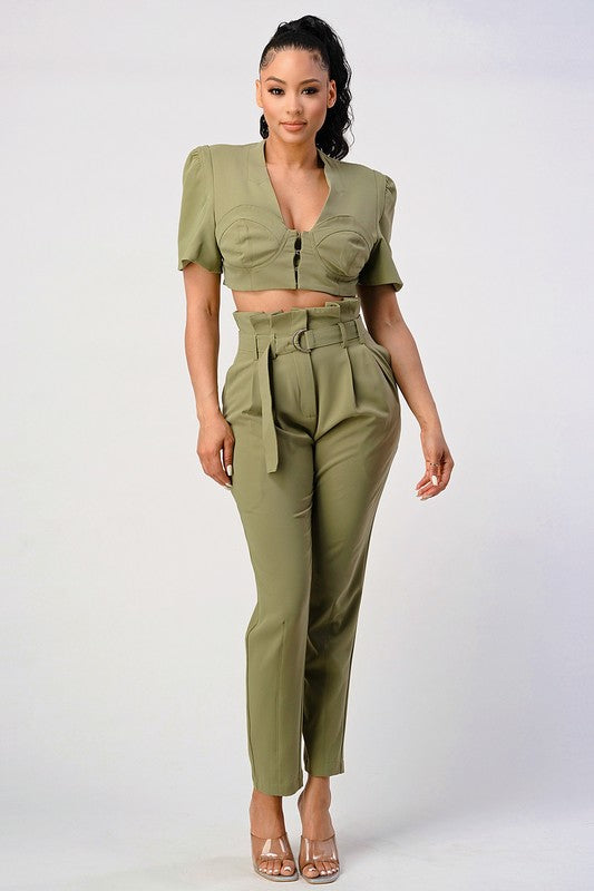 Half Sleeve Crop Top Ruffle Pant Set