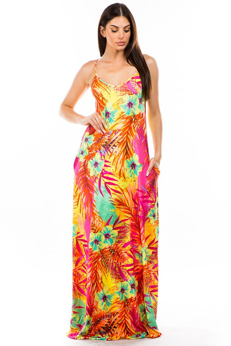 Multi Print Floral Sexy Maxi Dress with Pockets