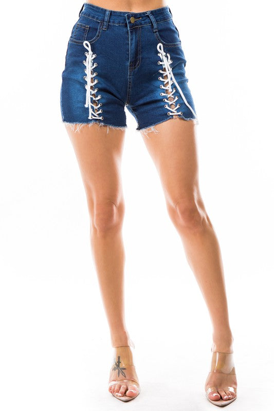 Navy Denim Shorts with Front Lace-Up king-general-store-5710.myshopify.com