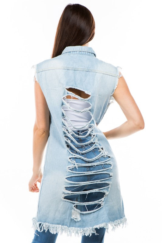 Light Blue 3/4 Length Multi Cut Design Denim Vest king-general-store-5710.myshopify.com