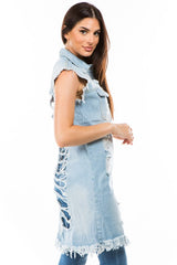 Light Blue 3/4 Length Multi Cut Design Denim Vest king-general-store-5710.myshopify.com