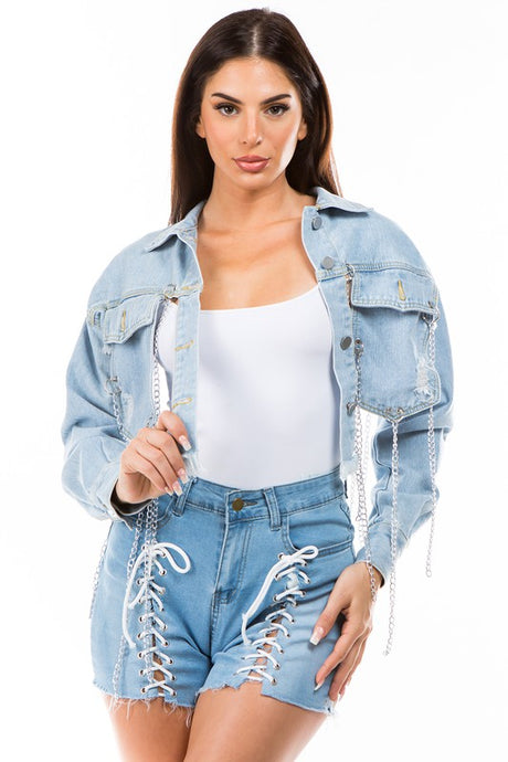 Light Blue Multi Chain Denim Jacket king-general-store-5710.myshopify.com