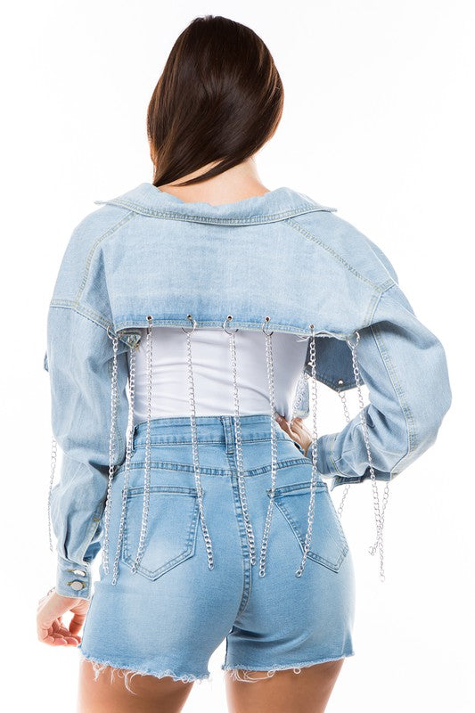 Light Blue Multi Chain Denim Jacket king-general-store-5710.myshopify.com