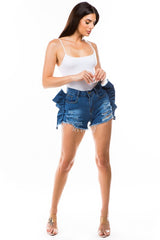 Navy Denim Shorts with Side Ruffles king-general-store-5710.myshopify.com