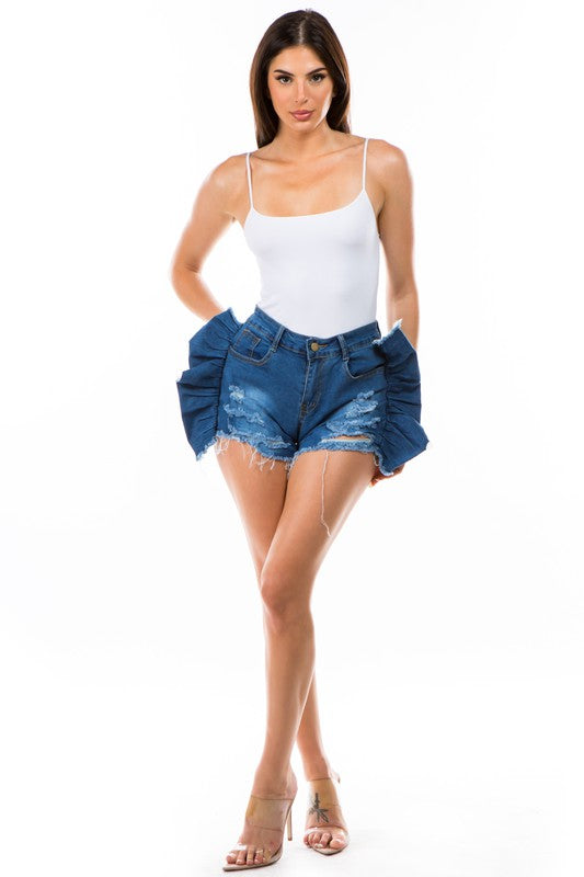 Navy Denim Shorts with Side Ruffles king-general-store-5710.myshopify.com