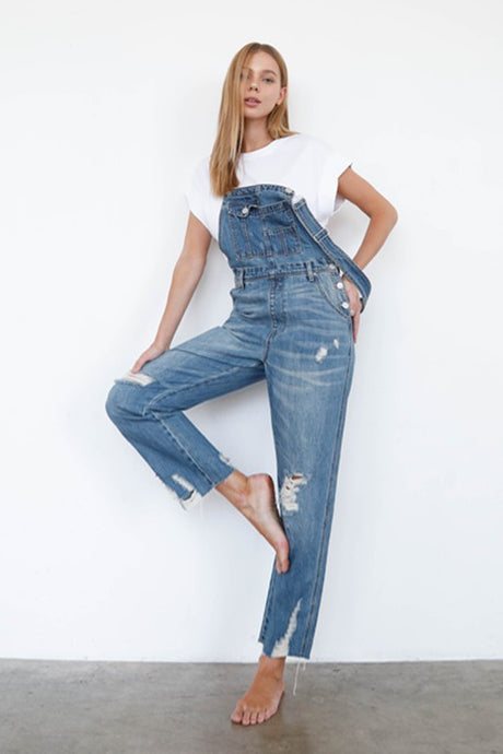 High Waist Ripped Straight Denim Overall Jumpsuit