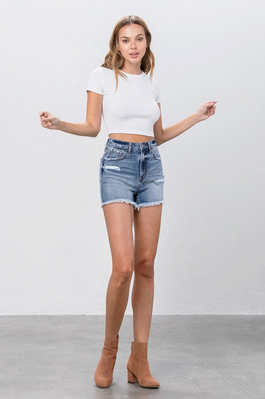 Frayed Denim High Rise Mom Shorts