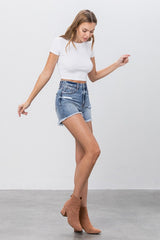 Frayed Denim High Rise Mom Shorts