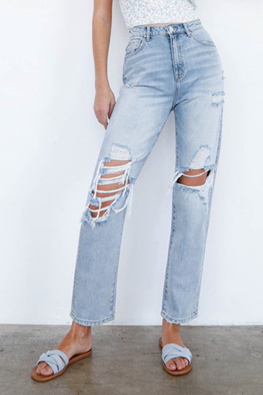 Mid-Rise Heavy Distress Light Washed Denim Jeans