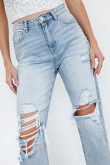 Mid-Rise Heavy Distress Light Washed Denim Jeans