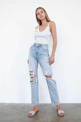 Mid-Rise Heavy Distress Light Washed Denim Jeans