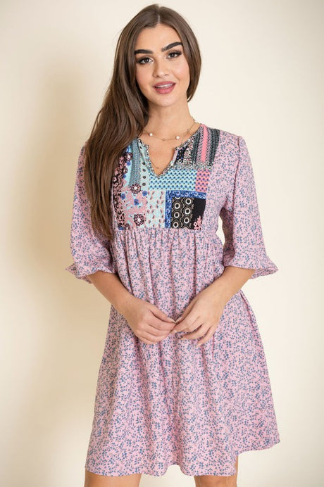 Ditsy 3/4 Sleeve Floral Patch Panel Boho Dress