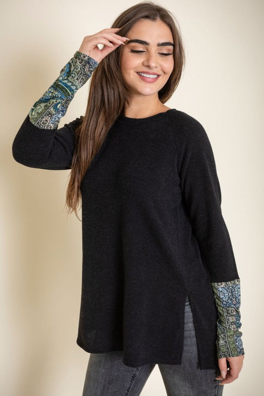 Knit Side Slit Paisley Cuff Tunic Top