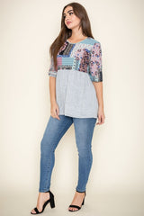 3/4 Sleeve Quilted Pattern Tunic Top