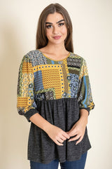 3/4 Sleeve Quilted Pattern Tunic Top