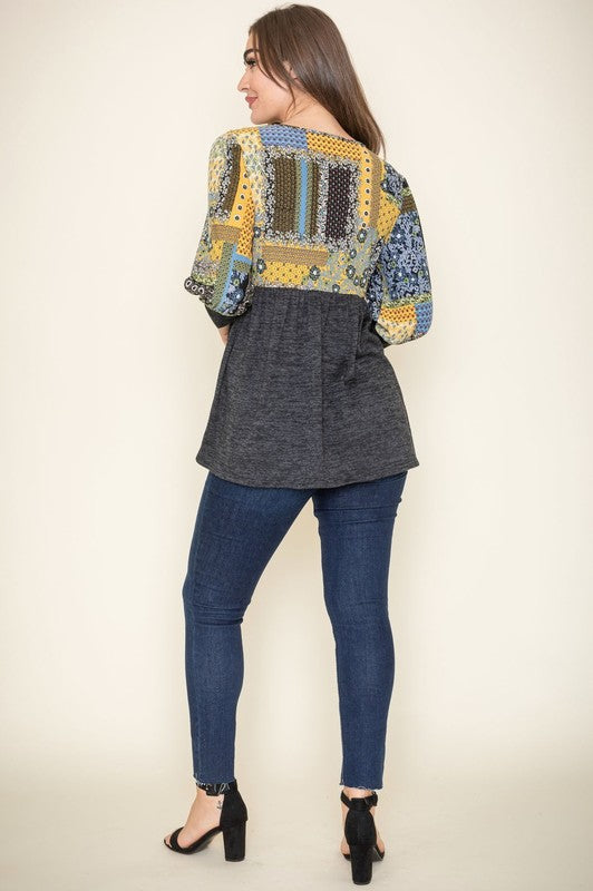 3/4 Sleeve Quilted Pattern Tunic Top