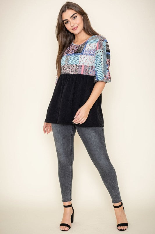 3/4 Sleeve Quilted Pattern Tunic Top