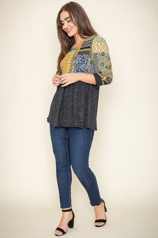 3/4 Sleeve Quilted Pattern Tunic Top