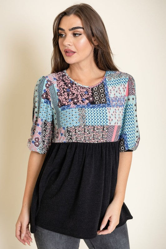 3/4 Sleeve Quilted Pattern Tunic Top