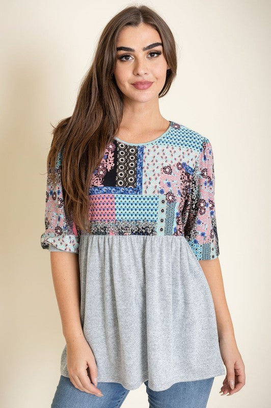 3/4 Sleeve Quilted Pattern Tunic Top