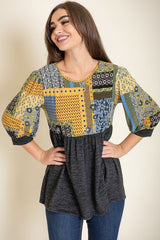 3/4 Sleeve Quilted Pattern Tunic Top