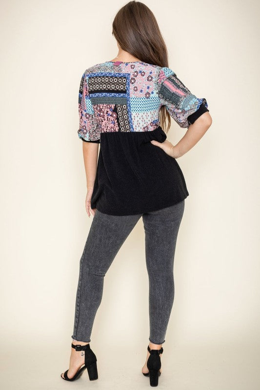 3/4 Sleeve Quilted Pattern Tunic Top