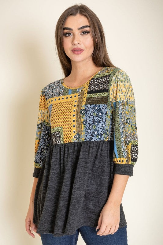 3/4 Sleeve Quilted Pattern Tunic Top