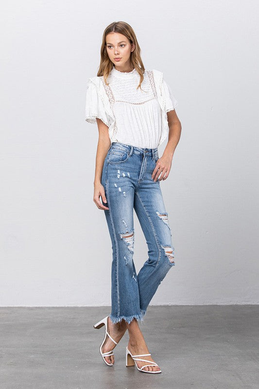 Button Up Mid-Rise Crop Flare Jeans