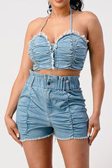 Denim Cropped Halter Top with Matching Shorts