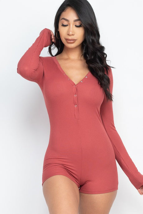 Ribbed Button Neck Long Sleeve Bodycon Romper king-general-store-5710.myshopify.com
