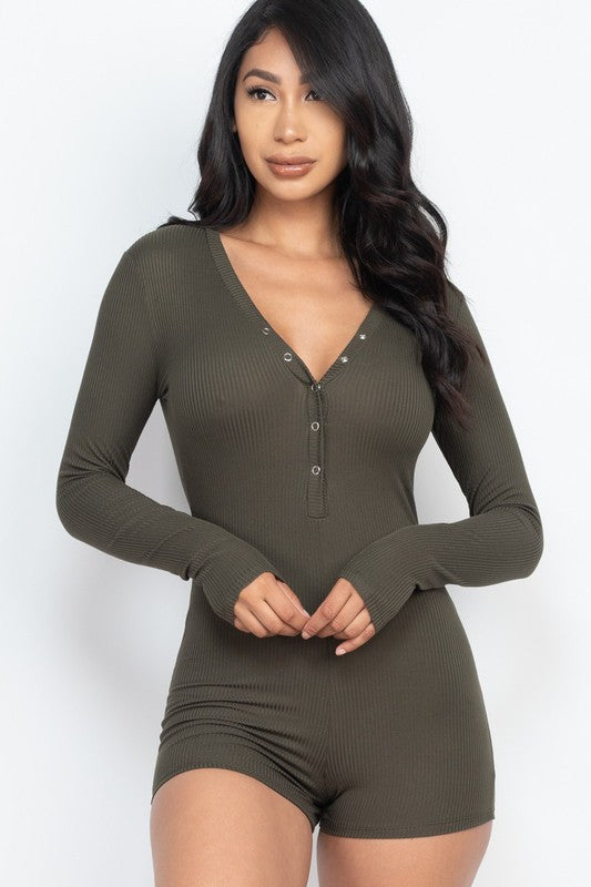 Ribbed Button Neck Long Sleeve Bodycon Romper king-general-store-5710.myshopify.com