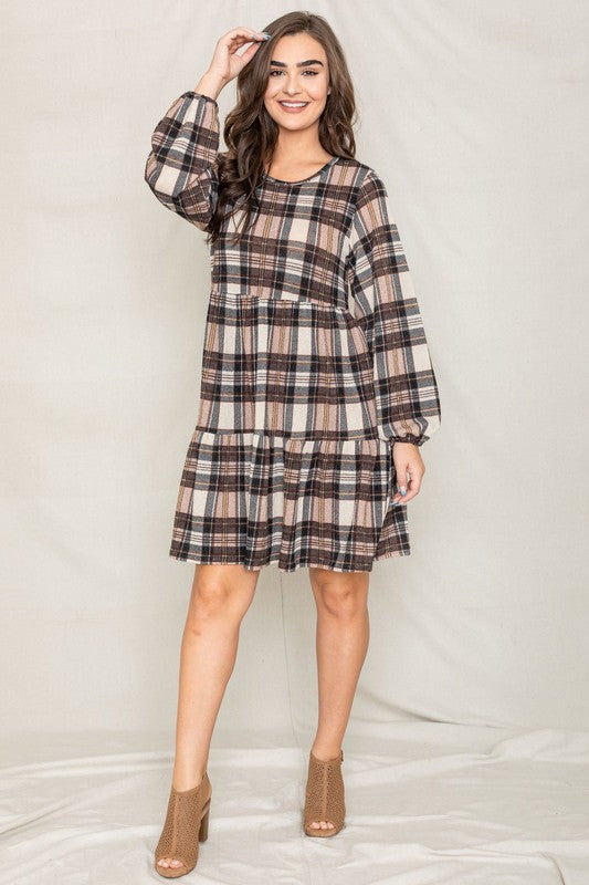 Plaid Balloon Sleeve Tiered Midi Dress