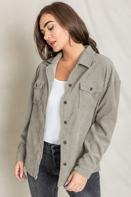 Button Up Front Pocket Corduroy Jacket