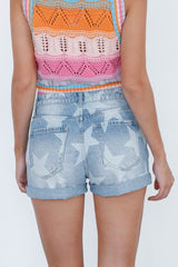 Star Print Faded Light Wash Shorts