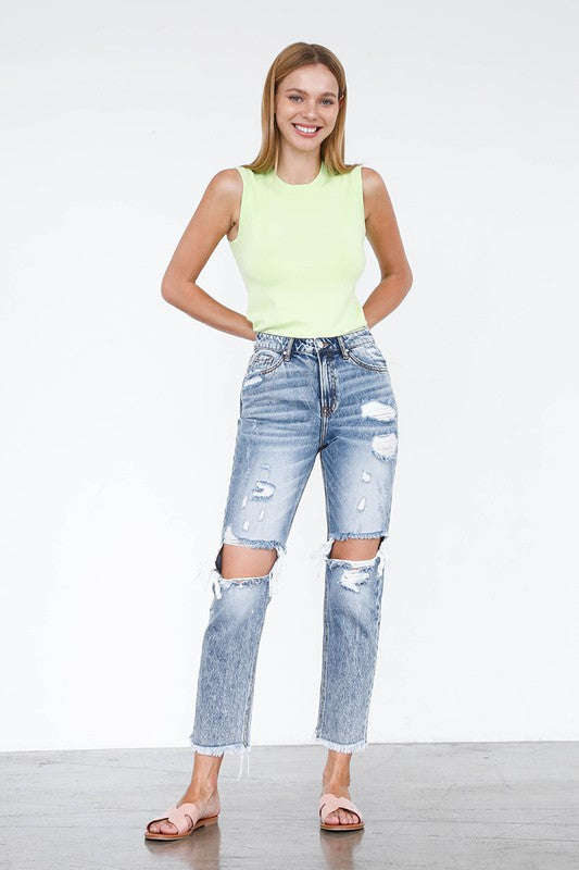 High Rise Straight Light Wash Denim Jeans