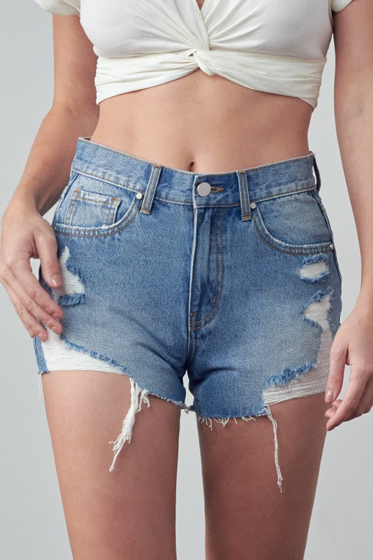 High Rise Destroyed Medium Wash Denim Shorts