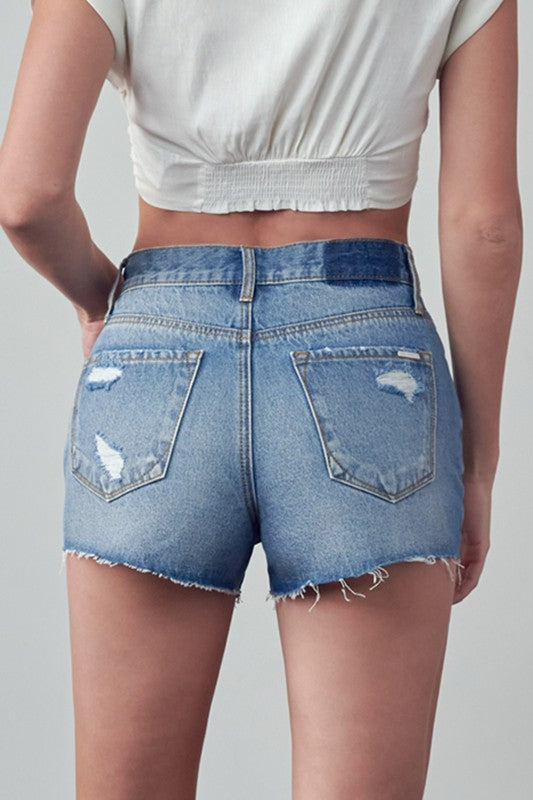 High Rise Destroyed Medium Wash Denim Shorts