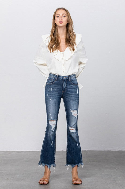 Button Up Mid-Rise Crop Flare Jeans