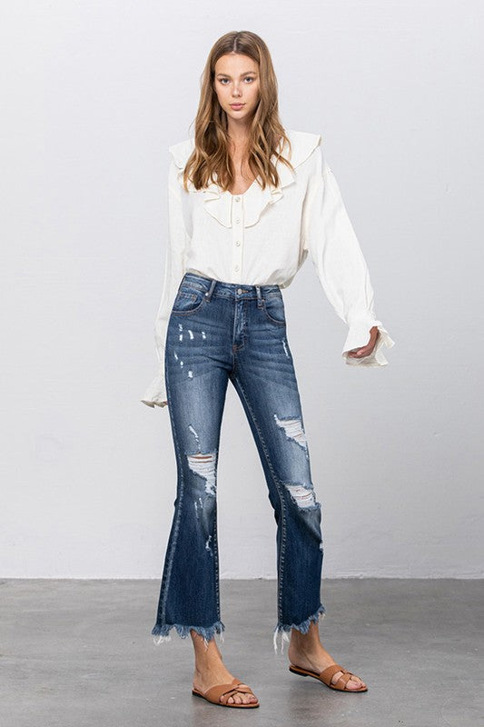 Button Up Mid-Rise Crop Flare Jeans