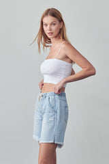 Elastic Waist Drawstring Light Wash Denim Shorts