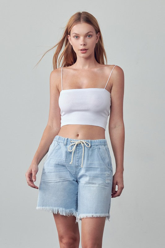 Elastic Waist Drawstring Light Wash Denim Shorts