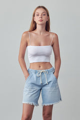 Elastic Waist Drawstring Light Wash Denim Shorts