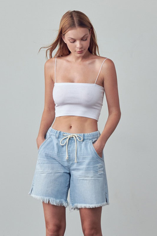 Elastic Waist Drawstring Light Wash Denim Shorts