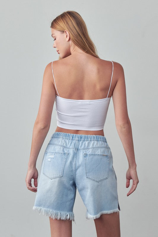 Elastic Waist Drawstring Light Wash Denim Shorts