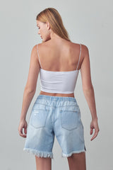 Elastic Waist Drawstring Light Wash Denim Shorts