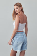 Elastic Waist Drawstring Light Wash Denim Shorts